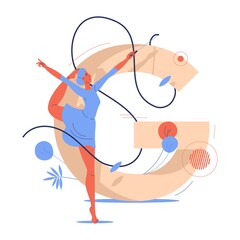 Young woman training gymnastics with ribbon. Large letter G and female character drawn in blue and orange. Healthy lifestyle and beauty concept drawn in cartoon style