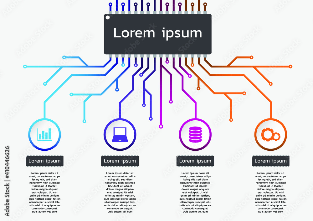 Poster circuit board technology infographic. vector 4 options colorful design. topic at the top. for workfl
