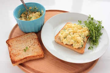 Egg salad sandwich with whole wheat toasted bread and microgreens on plate on white background. Healthy food concept
