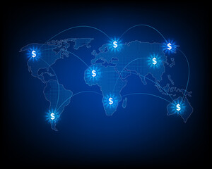 Network of money transfers and currency exchanges between countries of the world