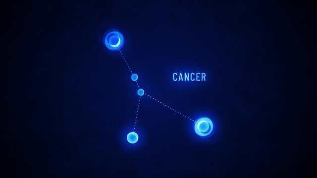 Cancer Zodiac Signs Constellations Background/ 4k animation of a zodiac cancer sign icons, with astrological constellation and symbol on space background