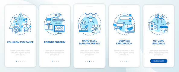 Fototapeta na wymiar CPS usage onboarding mobile app page screen with concepts. Nano-level manufacturing, robotic surgery walkthrough 5 steps graphic instructions. UI vector template with RGB color illustrations