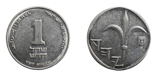 One new Israeli shekel coin isolated on white background