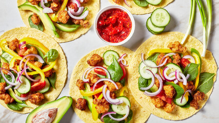 chicken street corn tacos with veggies and salsa