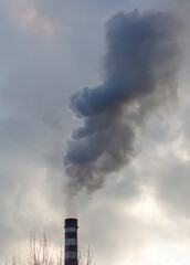 Smoke from chimneys at the plant in the rays of the sunset as a background.