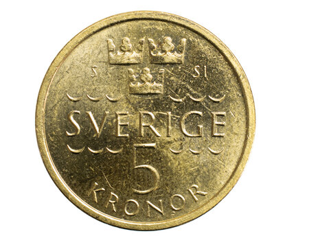 five swedish kroner coin isolated on white background