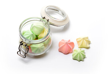 Colorful sweet marshmallows candy with reflection isolated on white