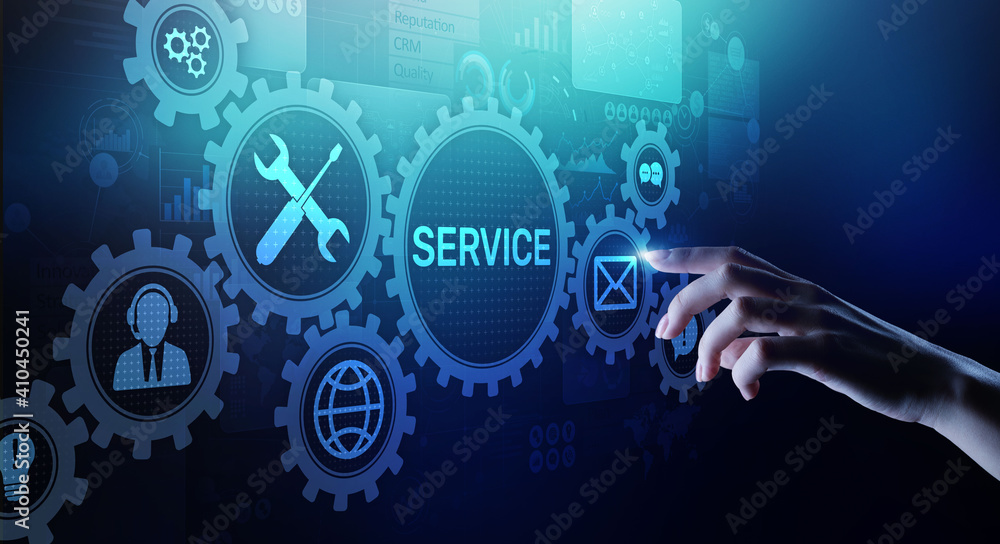 Aufkleber service support customer help call center business technology button on virtual screen.