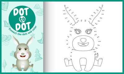 Connect the dots kids game and coloring page with a cute rabbit character illustration