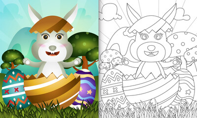 coloring book for kids themed happy easter day with character illustration of a cute bunny in the egg