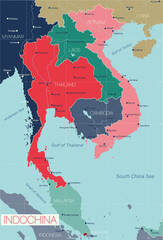Indochina detailed editable map with countries cities and towns. Vector EPS-10 file