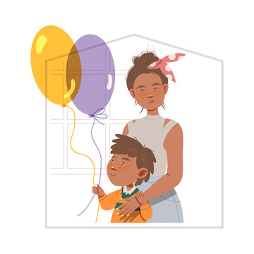Happy Family with Young Mother and Little Son Holding Balloons Vector Illustration