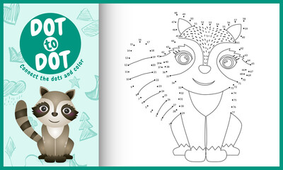 Connect the dots kids game and coloring page with a cute raccoon character illustration