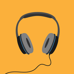 stereo headphones isolated on orange background, listen to music or podcast vector illustration