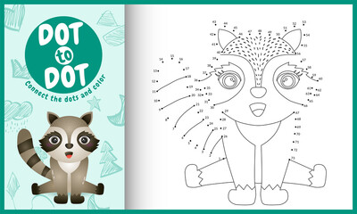 Connect the dots kids game and coloring page with a cute raccoon character illustration