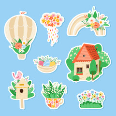 Collection various spring sticker in flat style. Set elements for stationery of flowers, birds, rainbows, balloon, egg. Concept of spring. Vector illustration