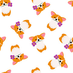 Funny background with corgi. Corgi with flower seamless pattern