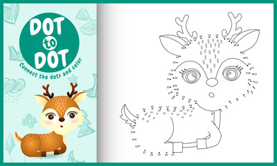 Connect the dots kids game and coloring page with a cute deer character illustration