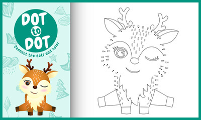 Connect the dots kids game and coloring page with a cute deer character illustration