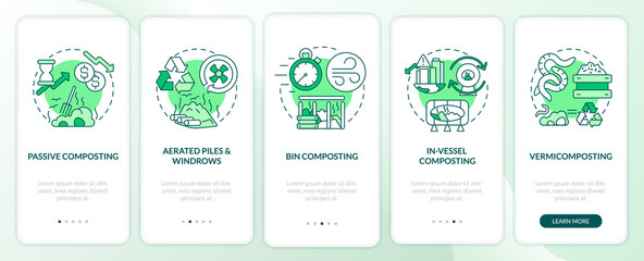 Decomposition onboarding mobile app page screen with concepts. Passive, bin, in-vessel composting walkthrough 5 steps graphic instructions. UI vector template with RGB color illustrations
