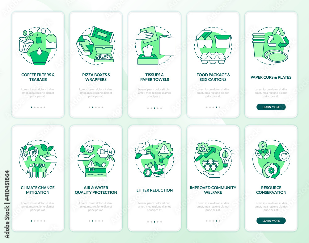 Poster biodegradable waste reduction onboarding mobile app page screen with concepts set. packaging, protec
