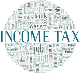 Income tax vector illustration word cloud isolated on a white background.