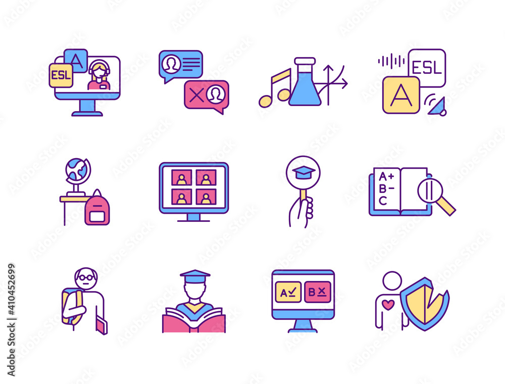 Poster online teaching rgb color icons set. process of educating other people using internet technology. in