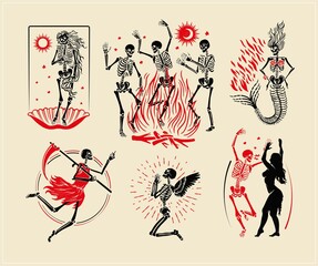 Skeletons Logos Collection For T-shirt and Denim. Skeletons Dance, the skeleton of the Venus, the Mermaid, the Angel, and the Angel of Death. Vector Illustration. - 410452653