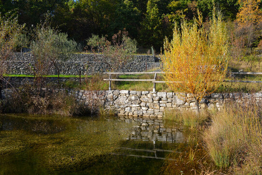 The autumn landscape and the woodland ponds near Slivia by Duino in Triest Province, Friuli-Venezia Giulia, North East Italy. Known locally as Gli Stagni di Slivia
