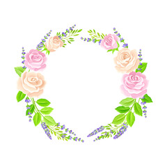 Beautiful Lavender Twigs and Pink Roses Arranged in Circle Wreath Vector Illustration
