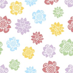 Multicolor Simple Flower heads Pattern Scattered On White