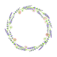 Lavender Twigs and Clover Plant Arranged in Circle Wreath Vector Illustration