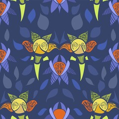 Night Garden Flowers And Leaves Pattern In Shades Of Purple, Orange And Yellow