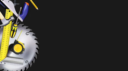 3d dark composition of set tools of carpenter or construction isolated on black background. Copy-space