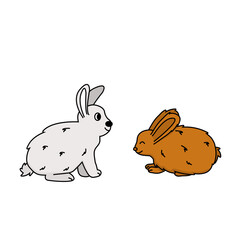 A set of two cartoon outline hares or rabbits. Side isolated view on white background. The animals are smiling, one of them closed his eyes. One character is white gray, the second is brown