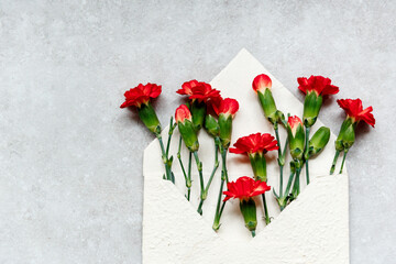 Rote Nelken in einem weißen Umschlag aus Büttenpapier, handgeschöpft