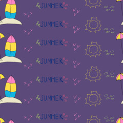 Doodle Beach umbrella and surfboard seamless pattern. hand drawn of a Beach umbrella and surfboard background. Vector illustration