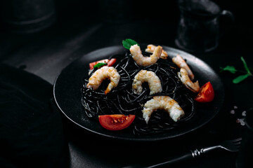 Black pasta with tiger prawns