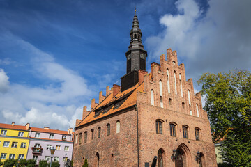 Exterior of historical Town Hall in Morag town in Warmia Nazury region of Poland