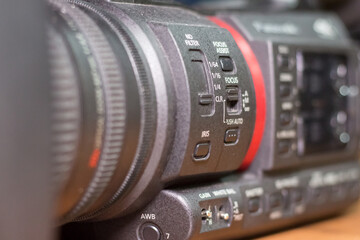 Professional video camera controls. Close-up.