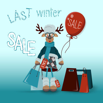 Last sale winter banner with cute cartoon deer holding package and red balloon. Flat vector illustration on blue background.
Funny surprised moose with glasses. Concept happy customer with purchases. 