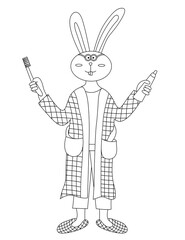Rabbit with toothbrush and toothpaste coloring page. Cartoon character of bunny. Vector coloring book for children