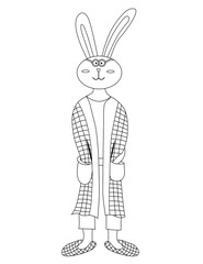 Cute cartoon rabbit coloring page. Rabbit in robe and slippers. Rabbit wake up in the morning. Coloring book for children