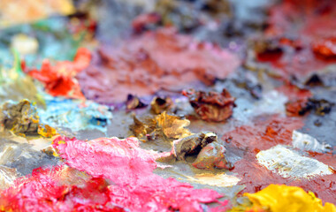 Painter palette contains shades of pink and red