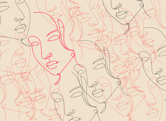 Fototapeta na wymiar Vector Surreal Face Background, Linear Art, Colored Illustration, Woman Faces, Pastel Colors. 