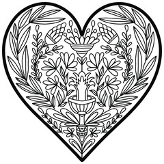 heart decorated with folk style flowers drawn on a white background, vector, valentines day