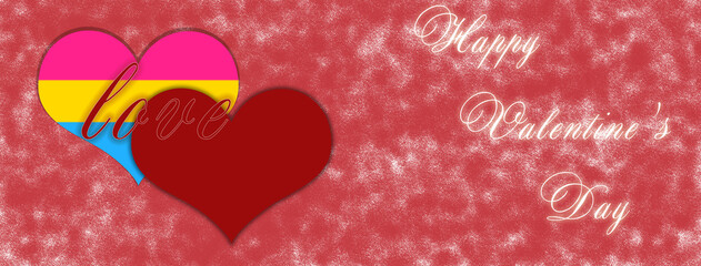 Fototapeta na wymiar Happy Valentine's Day banner/card with 2 hearts in colors of pansexual flag and red with word 