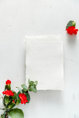 Flatlay mit roten Nelken und Büttenpapier auf weißem Untergrund - Postkarte aus handgeschöpftem Papier mit gerissenen Kanten