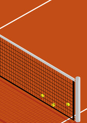 Illustration of brick red color tennis court and tennis balls around on a sunny day. With copy space.