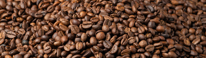 Roasted coffee beans background. Selective focus, macro, banner